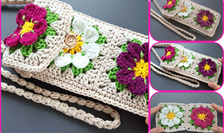 🌸 How to Crochet a Flower Granny Square Phone Bag